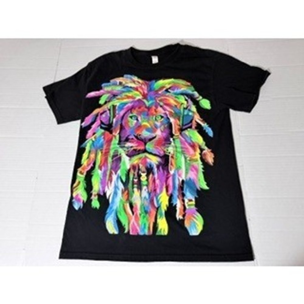 Euro Cotton Neon Lion Graphic T-Shirt Black Mens Large Reggae Psychedelic Tee